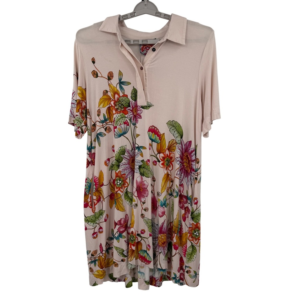 Johnny Was Floral Tunic Dress Womens XL‎ Pink Short Sleeve Polo Neck T30926A-3
